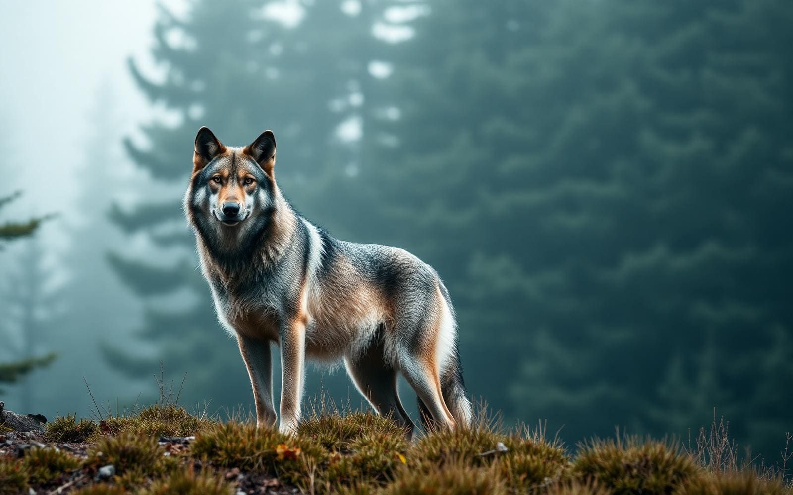 A timber wolf standing alert on a snowy forest edge
