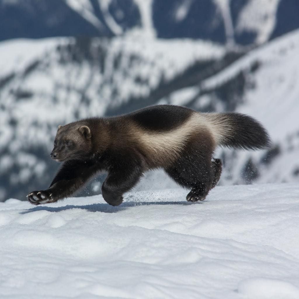 A wolverine bounding across fresh snow on an alpine ridge, pale side stripe visible