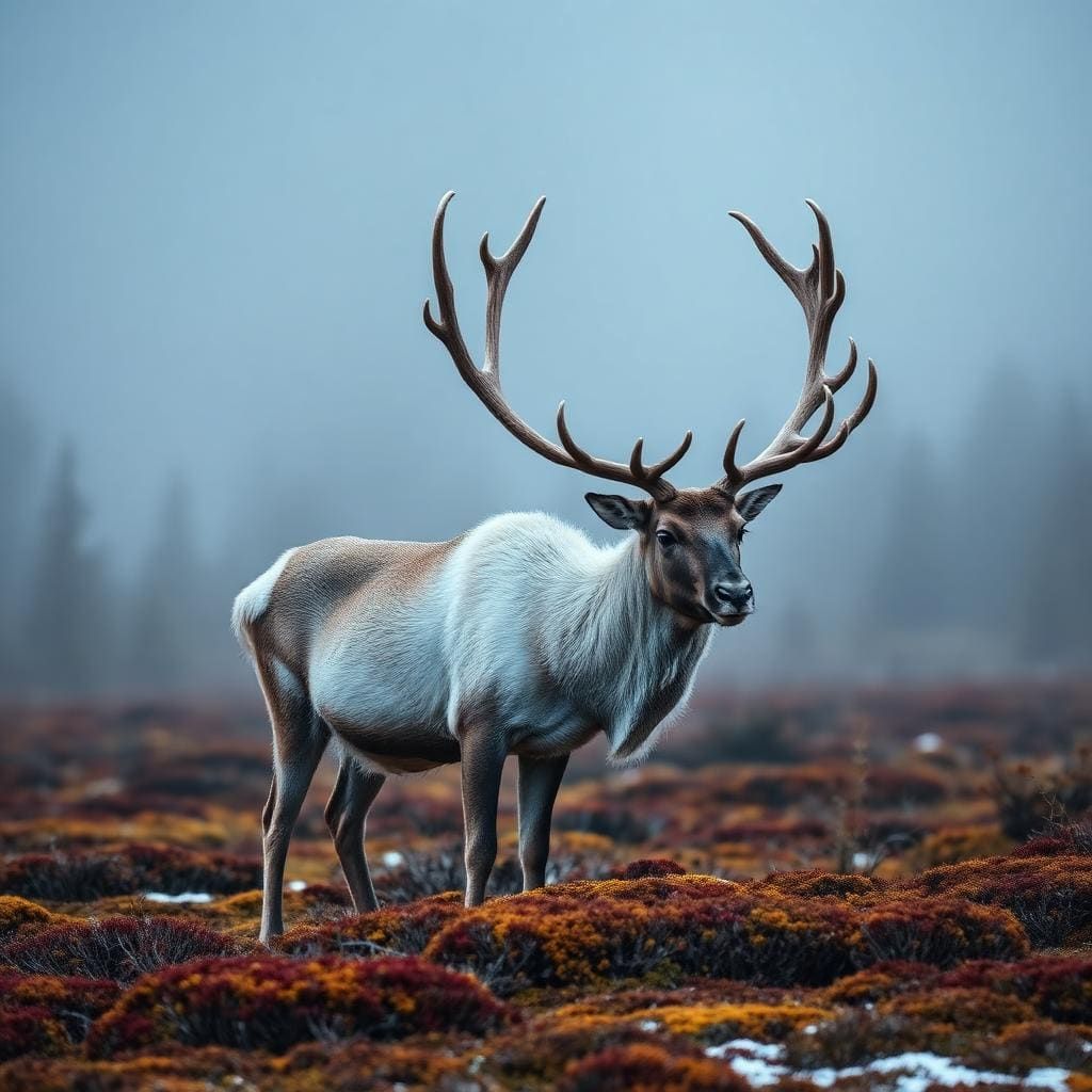 A woodland caribou bull with tall antlers on lichen tundra in mist