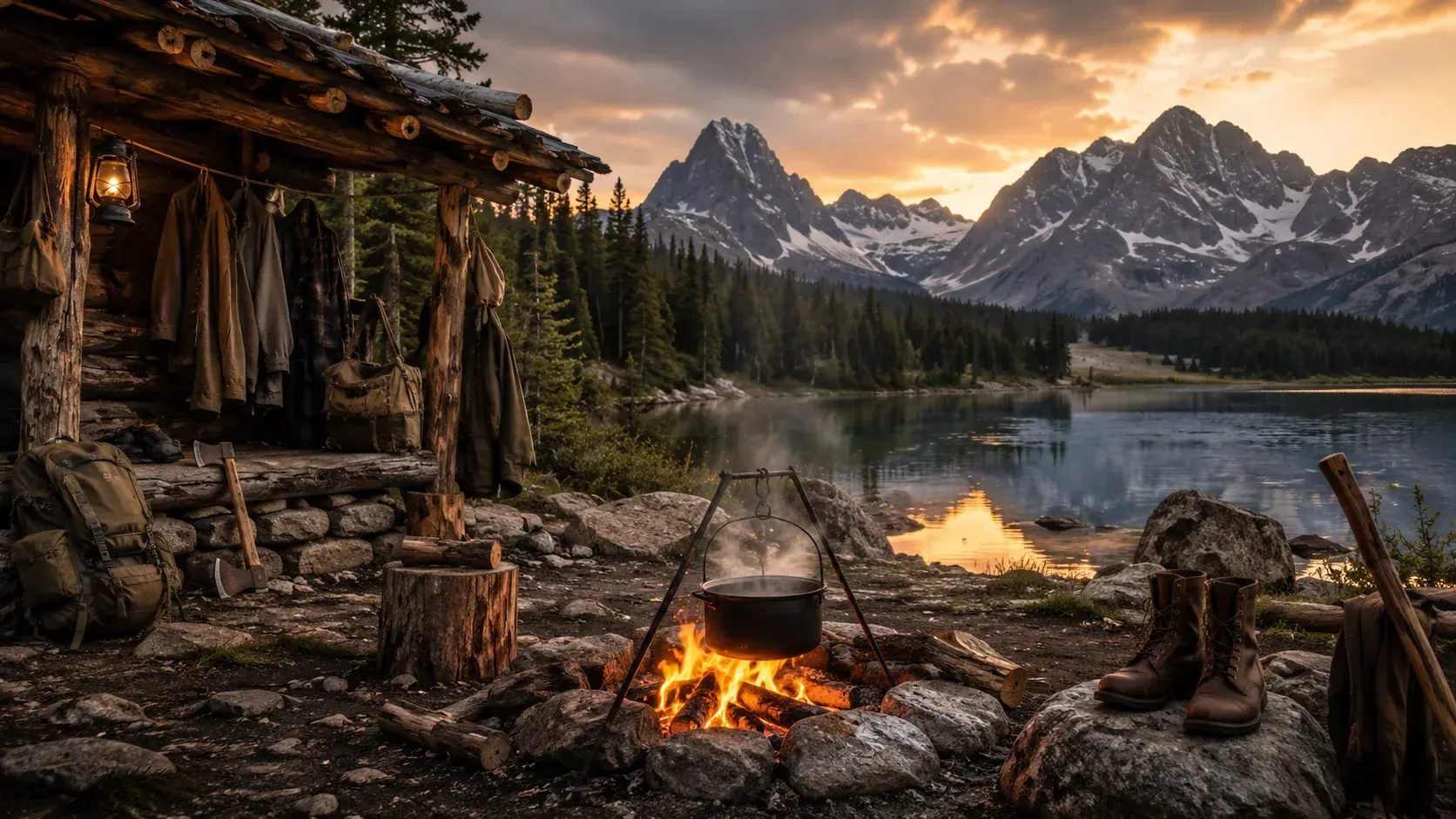 Remote mountain basecamp beside an alpine lake at sunset, with a campfire and outdoor equipment