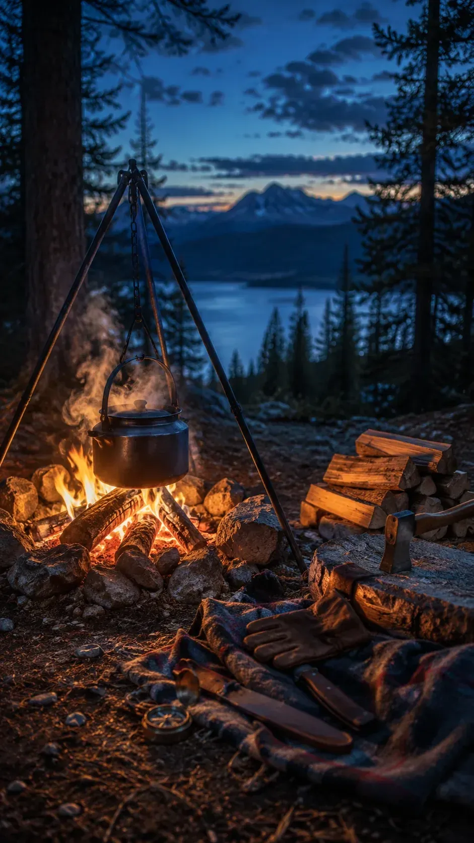 Campfire and kettle overlooking a mountain lake at blue hour