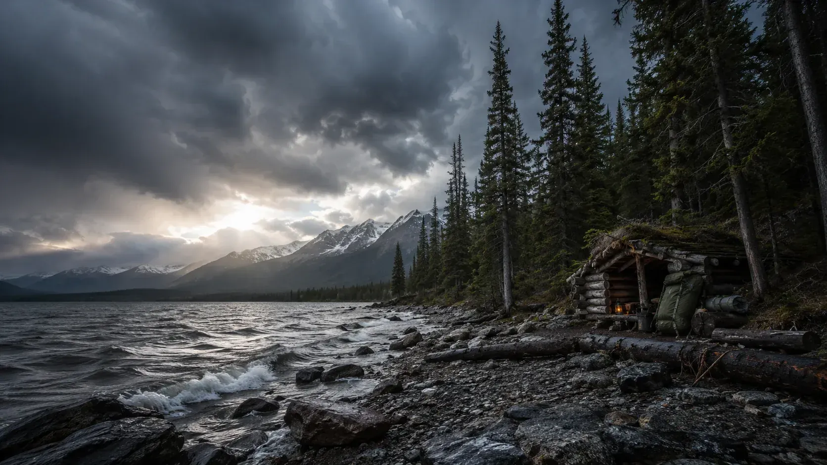 Rugged lakeside wilderness shelter under dramatic storm clouds